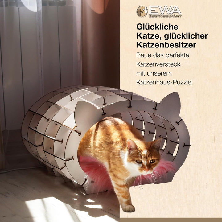 Katzen Haus Modellbau – Katzen Bett Holzpuzzle Erwachsene &amp; Kinder – weisses Haus mit rosa Fell Katz