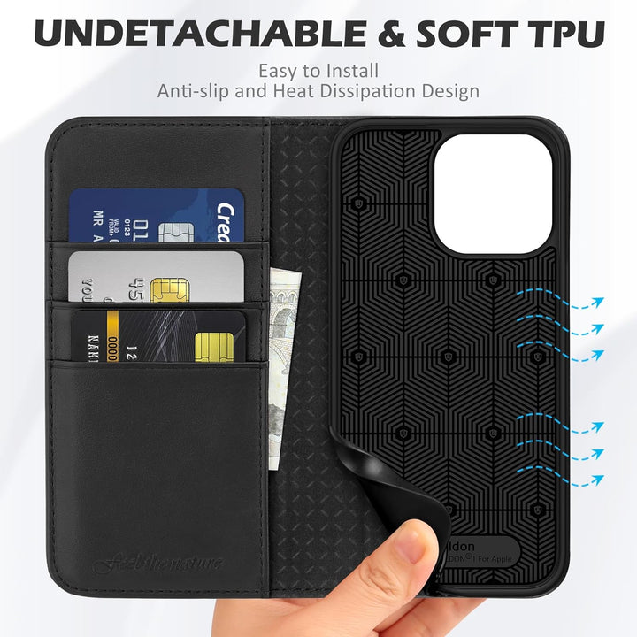 SHIELDON Hülle für iPhone 15 Pro Max, Handyhülle TPU [Echtleder] [Kartenfach] [Magnet] [Stand] [RFID