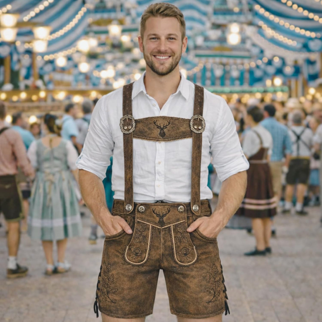 PAULGOS Herren Trachten Lederhose HK5-ANTIK + Träger, Echtes Leder, Gr. 44-60 44 Whiskybraun, 44 Whi
