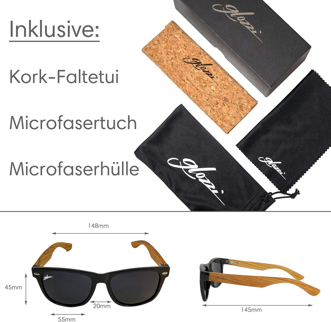 glozzi Sonnenbrille Herren und Damen Holz Polarisiert UV400 mit Holzbügeln und Brillenetui aus Kork