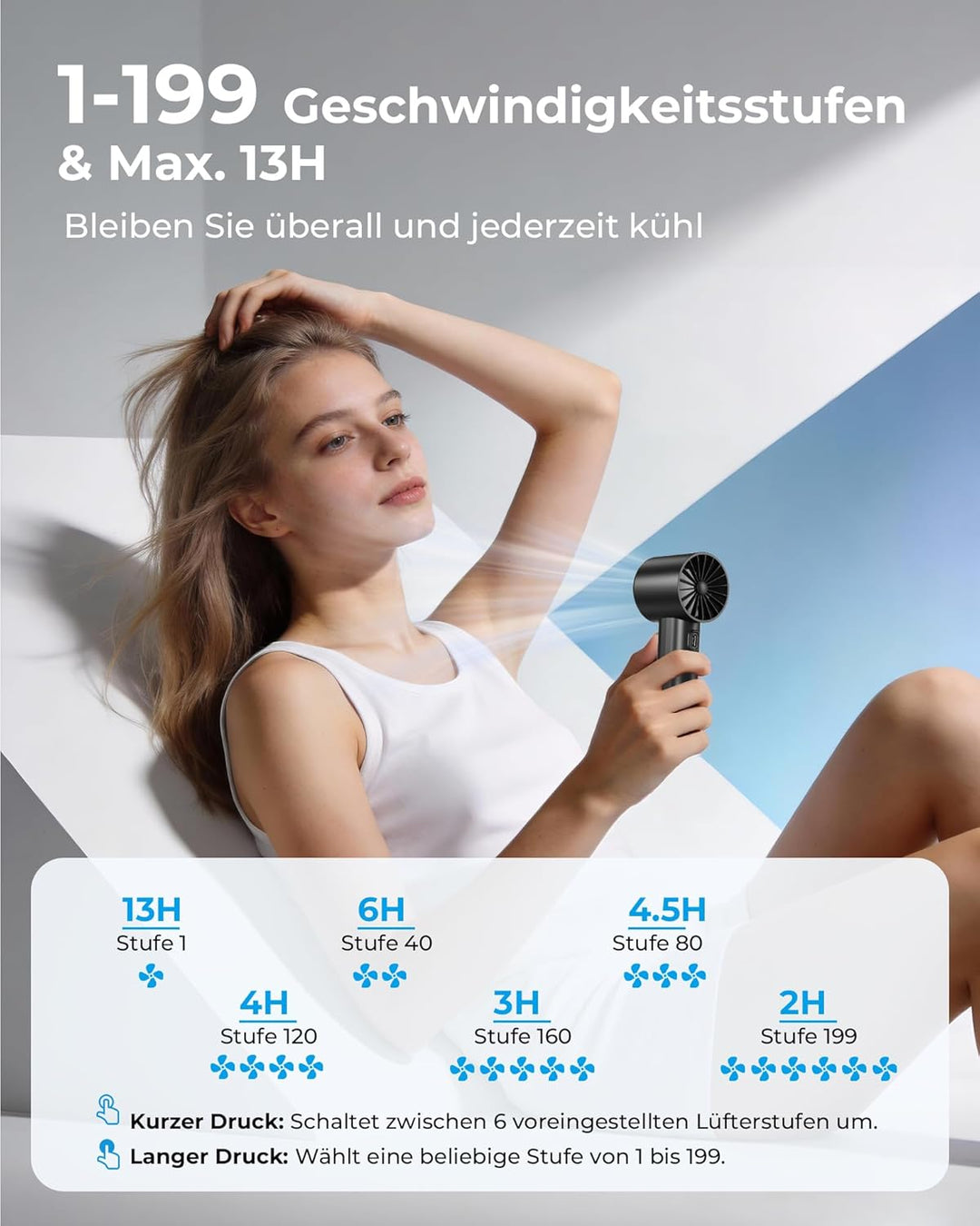 Handventilator Akku Aufladbar - Einstellbare Geschwindigkeit(1-199),13 Stunden Lange Arbeitszeit, Di