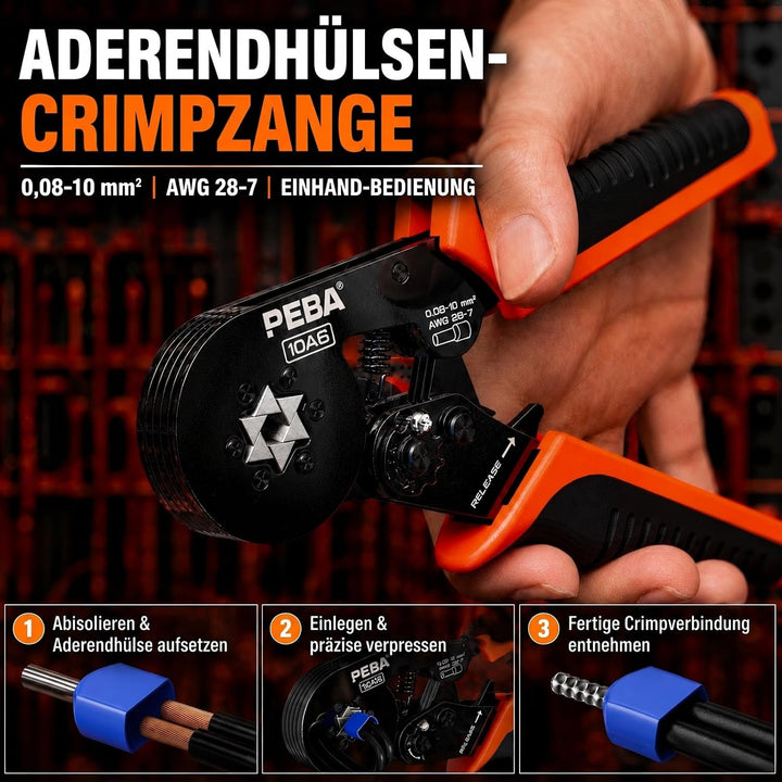 PEBA Crimpzange Set Sechskant mit Abisolierzange, Aderendhülsenzange 0,08–10 mm², 33 Grössen Aderend