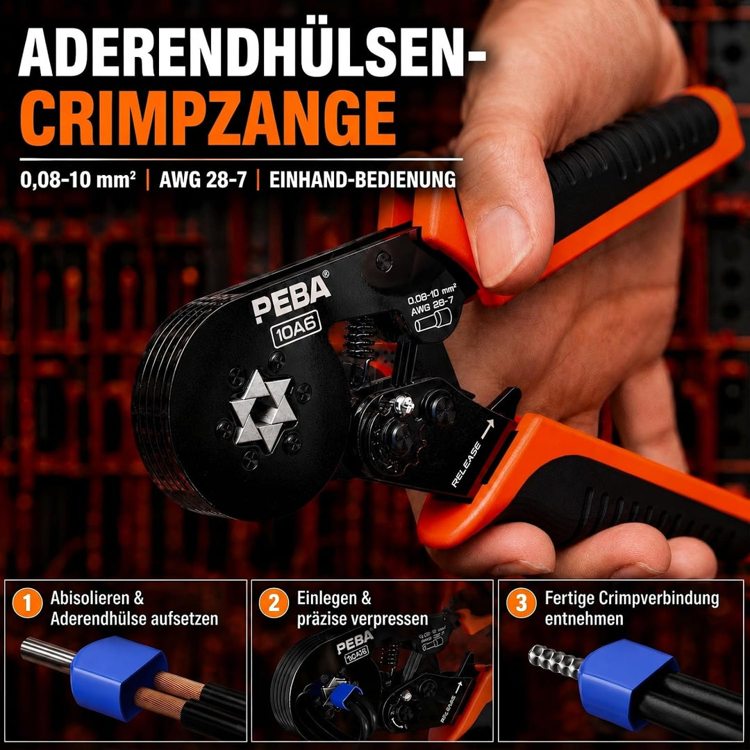 PEBA Sechskant Crimpzange Set mit 33 Grössen Aderendhülsen 0,25–10 mm² inkl. Twin Hülsen, selbstjust