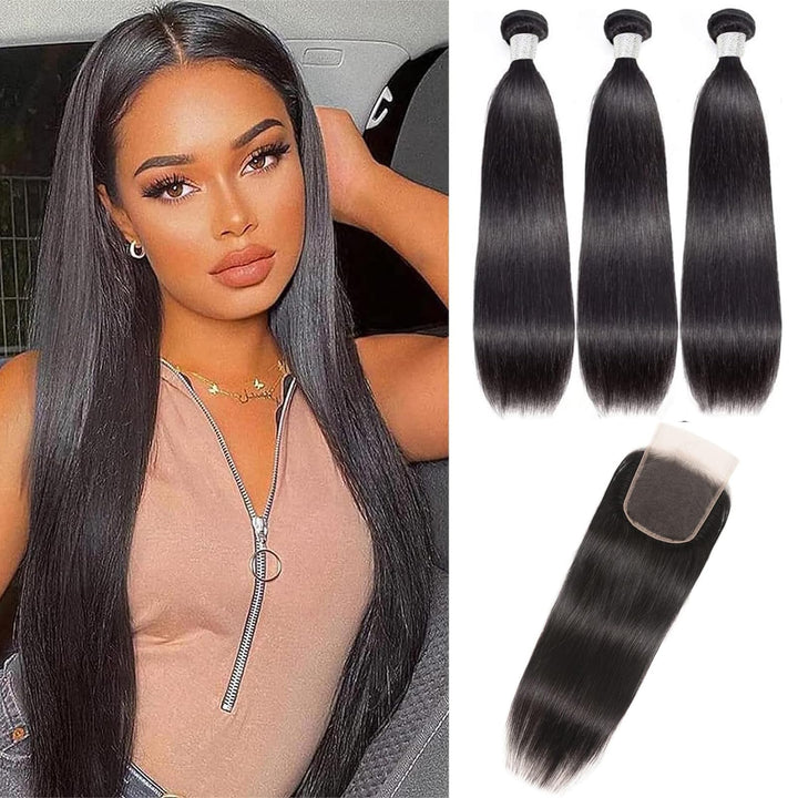 RICHAIR - Brazilian Straight Human Hair Bundles with Closure, 14 14 14 + 14 Inches, 100% Human Hair