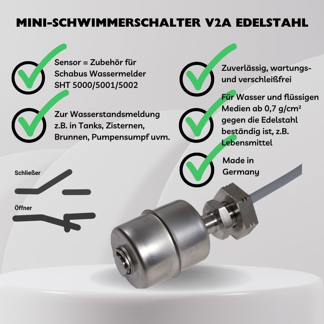Elektrotechnik Schabus Mini-Schwimmerschalter Edelstahl 2VA Öffner/Umkehrfunktion, 1 Stück, 200941