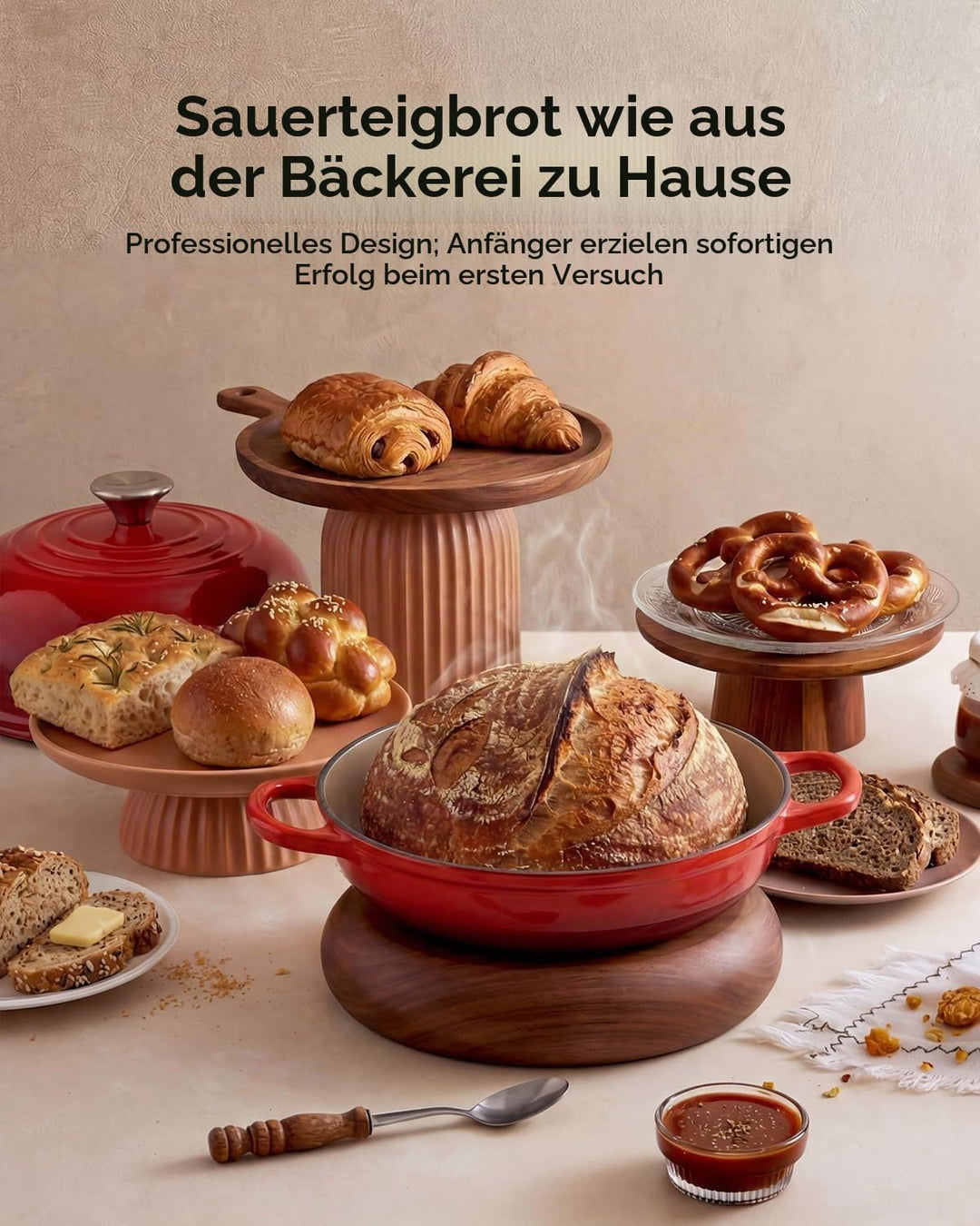 Gusseisen Topf Brot Backen, 4,7L Bräter Emaille Schmortopf mit Deckel und Griffen, 24 cm Dutch Oven,