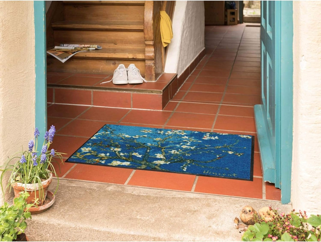 Salonloewe Mandelbaum türkis Künstler-Fussmatte waschbar 050 x 075 cm Fussabtreter Schmutzfangmatte