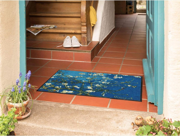 Salonloewe Mandelbaum türkis Künstler-Fussmatte waschbar 050 x 075 cm Fussabtreter Schmutzfangmatte