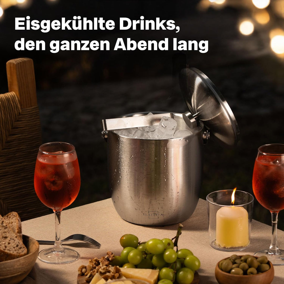 SILBERTHAL Weinkühler Edelstahl & Eiswürfelbehälter 3l mit Deckel und Zange - Flaschenkühler Set - m