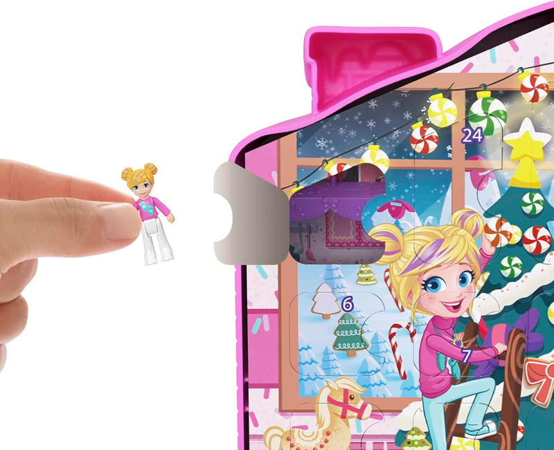 POLLY POCKET Adventskalender-Haus - 25 Überraschungen, 2 Puppen, 27 Zubehörteile, Lebkuchenhaus-Desi