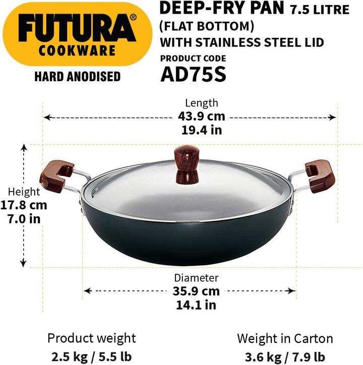 Futura Hard eloxiert deep-fry Pan (Kadhai) mit Stahl Deckel und flacher Boden 7.5L, 7.5L