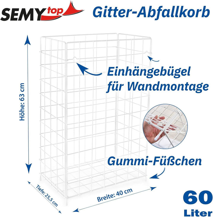 SemyTop ST-88450 Abfallkorb 60 Liter, Zusammenlegbar, Weiss, Metall Beschichtet Single, Single