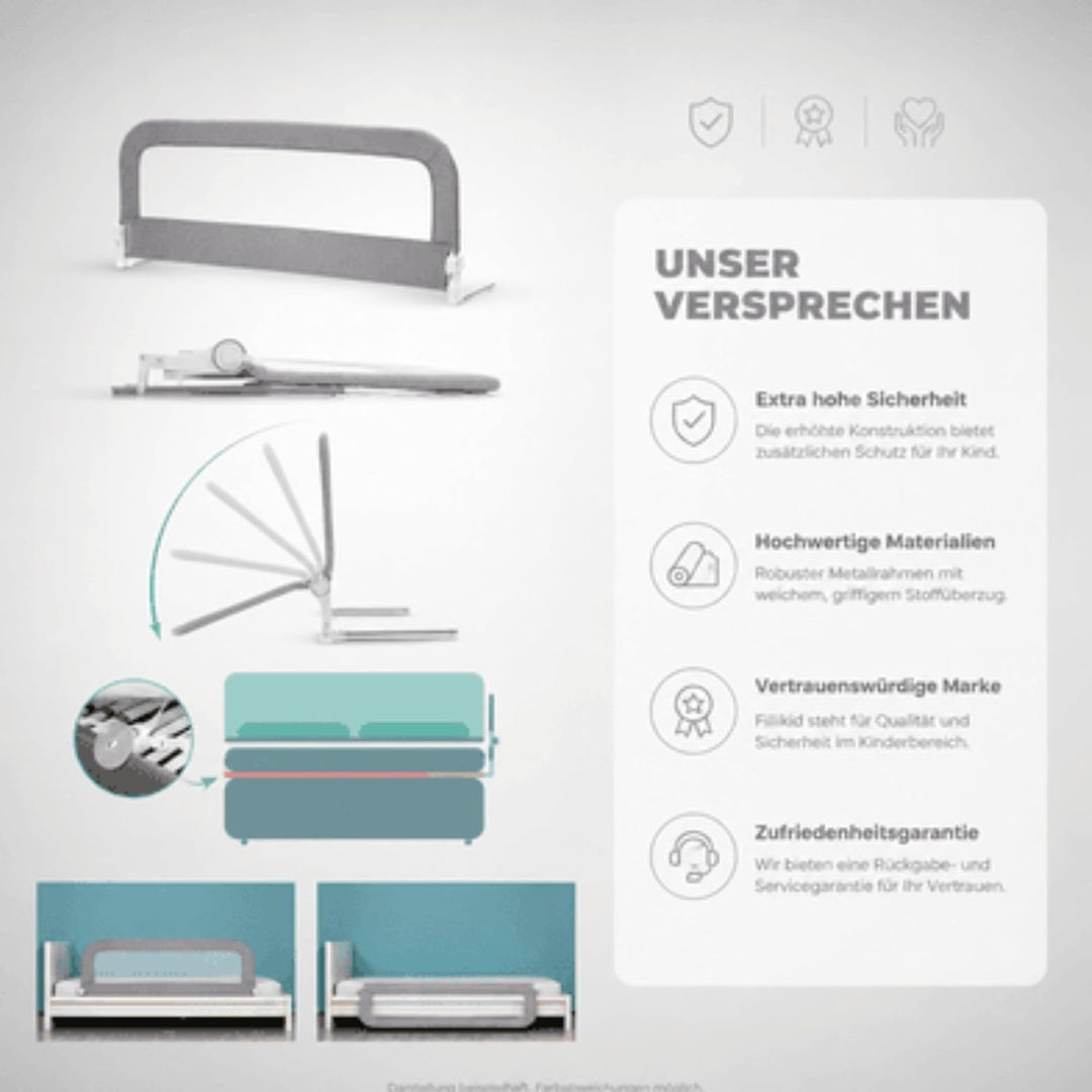 Fillikid Bettschutzgitter Exclusiv | Rausfallschutz Kinder 150 cm x 60 cm | Kinder-Bettgitter rutsch
