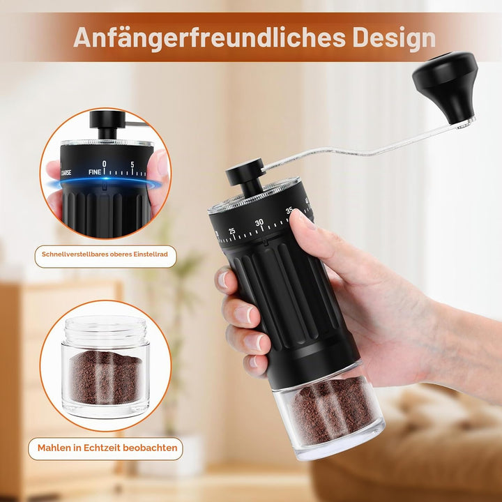 Kaffeemühle Manuell mit Keramischem Mahlwerk, 40 Präzise Einstellbare Mahlgrade für French Press, Po
