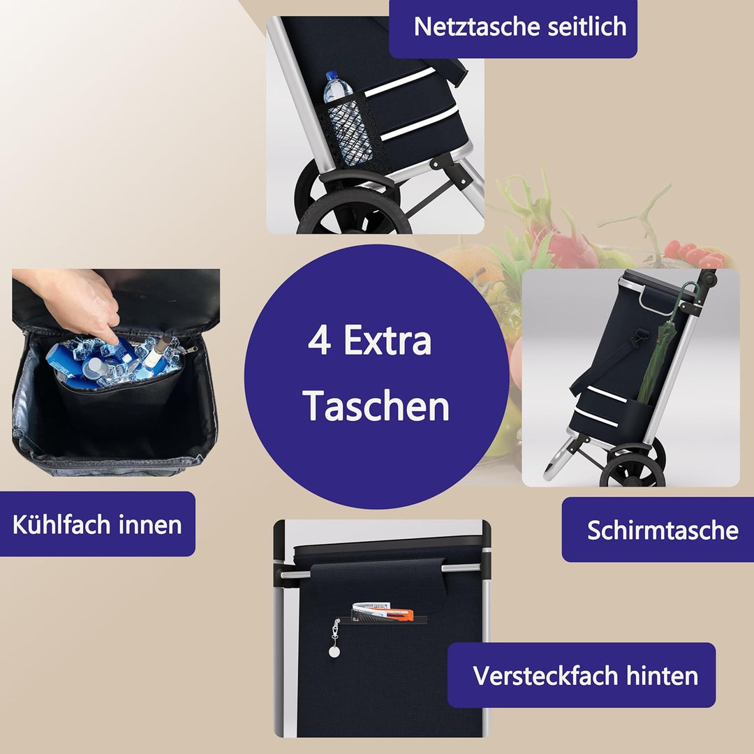 Einkaufstrolley 64L gross, Einkaufstasche mit Rollen klappbar, Einkaufswagen bis 60kg, Trolley mit K