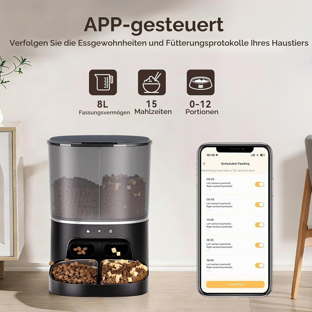 Futterautomat Katze, 2 Näpfe Katzenfutter automat mit APP, 7L Futterspender Katze, 5G WiFi Trockenfu