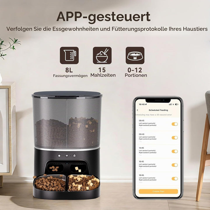 Futterautomat Katze, 2 Näpfe Katzenfutter automat mit APP, 7L Futterspender Katze, 5G WiFi Trockenfu