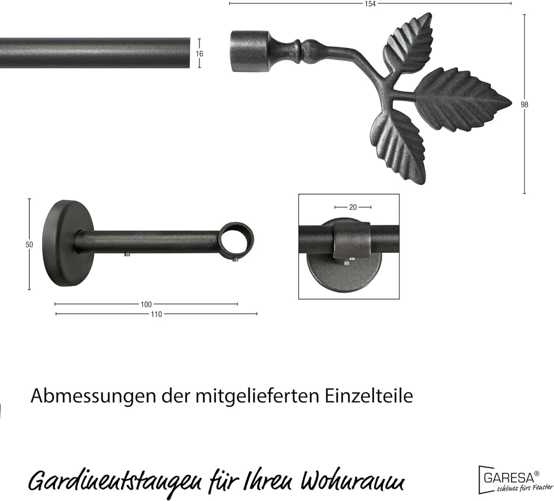 Garesa Gardinenstange Sheet Ø 16mm, 1-läufig, Graphite I Stabile Vorhangstange ohne Ringe I Mit Endk