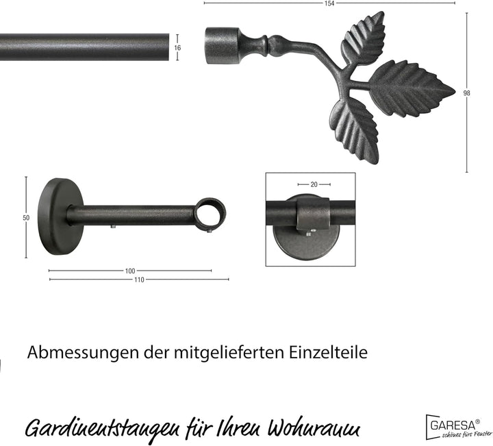 Garesa Gardinenstange Sheet Ø 16mm, 1-läufig, Graphite I Stabile Vorhangstange ohne Ringe I Mit Endk