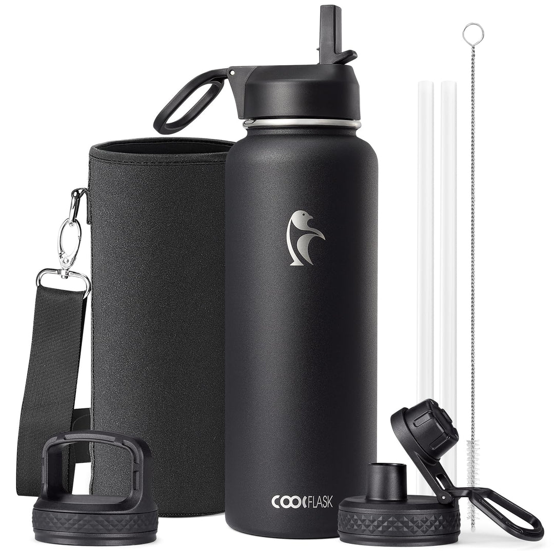 Coolflask Wasserflasche, 1.2 l, isoliert mit Strohhalm und Bürste, Coolflask Vakuum Edelstahl Metall