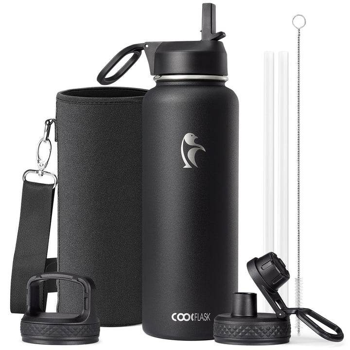 Coolflask Wasserflasche, 1.2 l, isoliert mit Strohhalm und Bürste, Coolflask Vakuum Edelstahl Metall