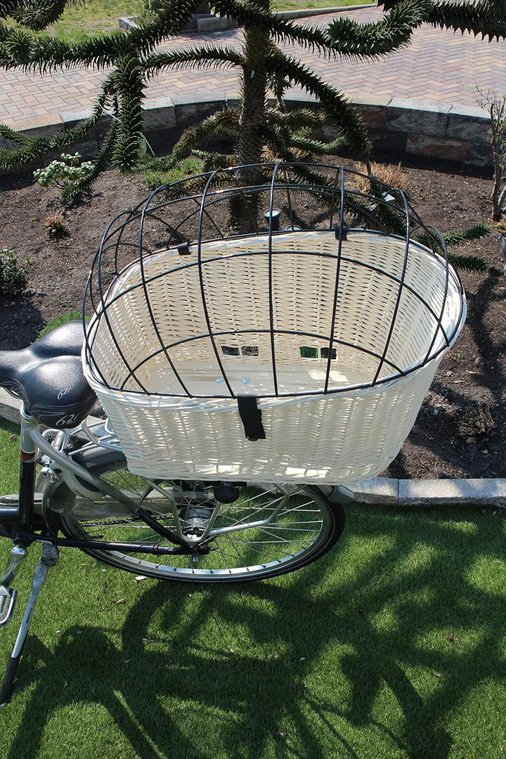 Marcus Hundefahrradkorb für Gepäckträger aus Weide mit Metallgitter und Kissen XXL Gepäckträgerkorb