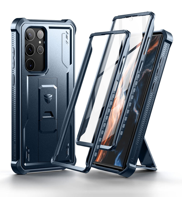Dexnor Kompatibel mit Hülle Samsung Galaxy S22 Ultra【Doppelter Frontrahmen & Ständer】, Stossdämpfer