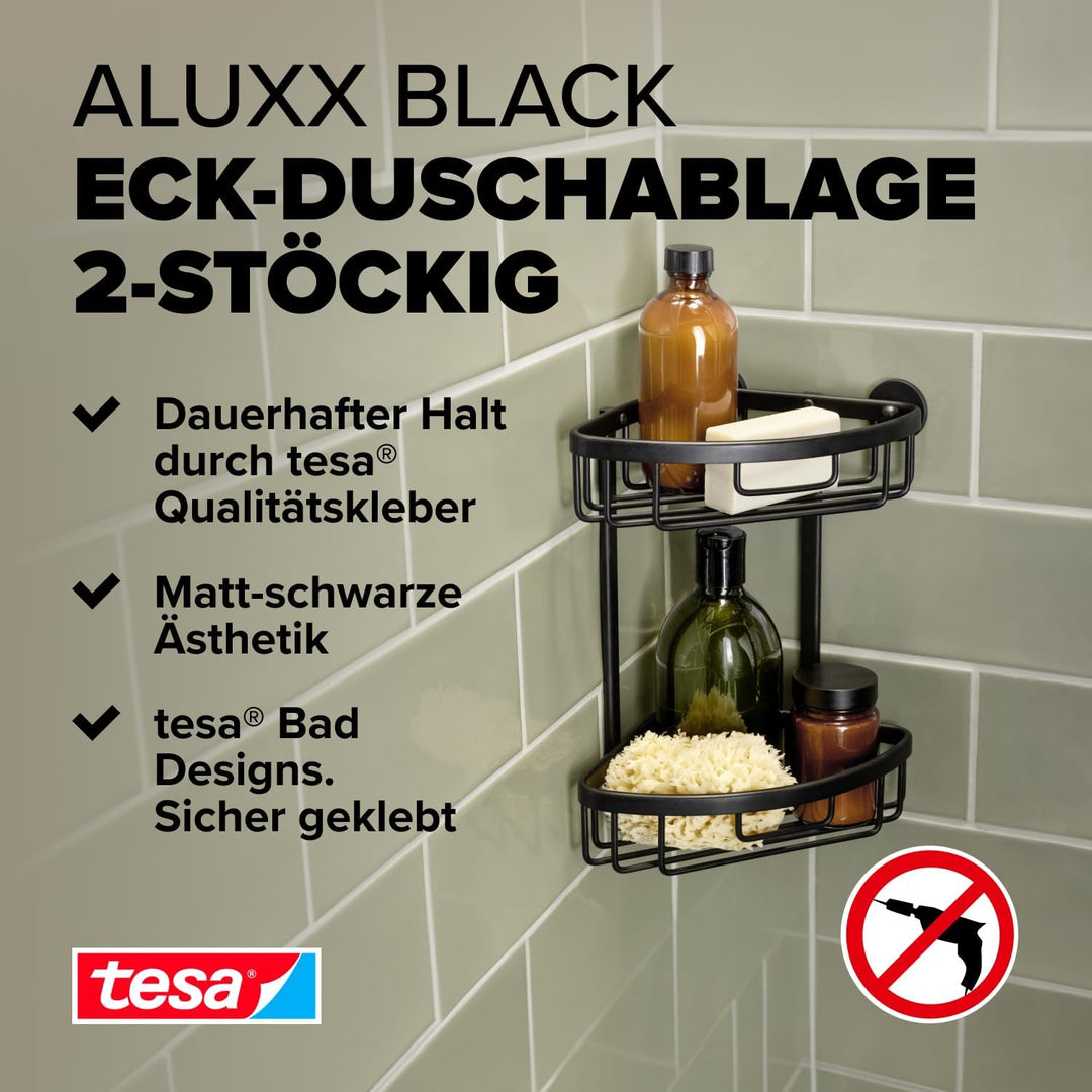 tesa ALUXX BLACK zweistöckige Eck-Duschablage zur Wandmontage ohne Bohren, schwarz matt - für Bäder