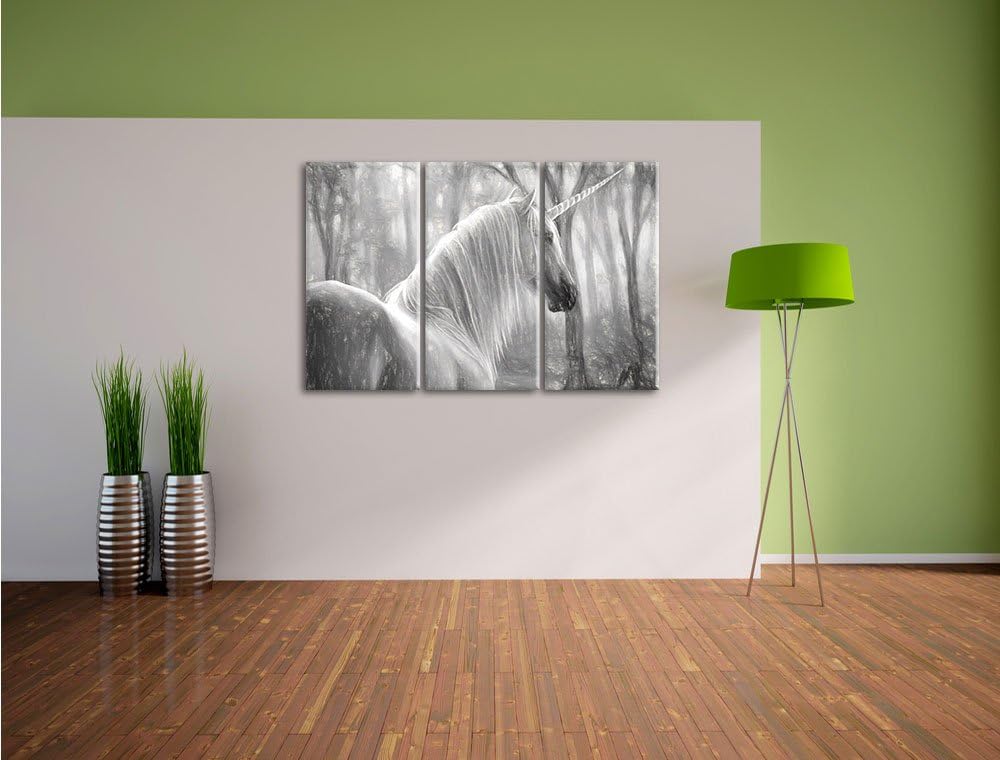 Pixxprint Einsames Einhorn im Wald Kunst Kohle Effekt 3-Teiler Leinwandbild 120x80 Bild auf Leinwand