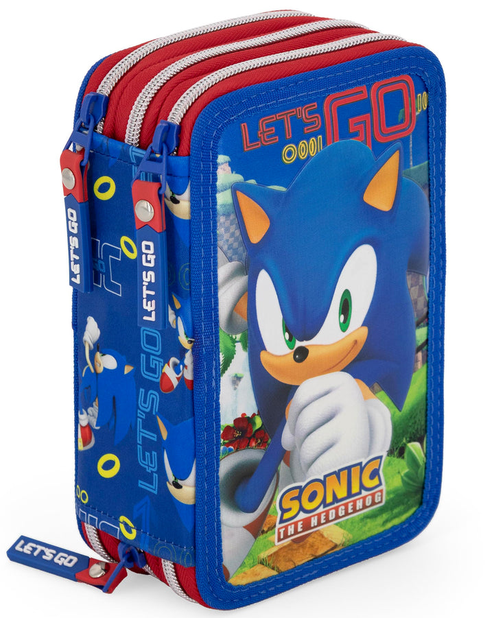 3-Fach Federmäppchen Jungen Gefüllt für Sonic Fan – Schulmäppchen Set 46 Teile mit Radierbaren Stift
