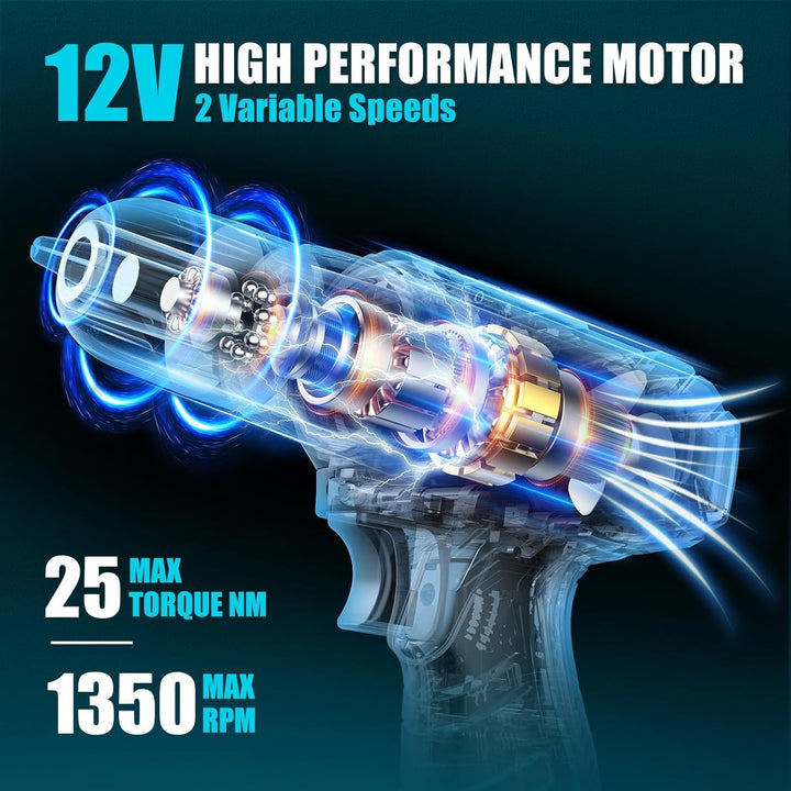 Sundpey Werkzeugkoffer Gefüllt 206tlg, 12V Akkuschrauber zum Anziehen/Lösen von Schrauben, Haushalts