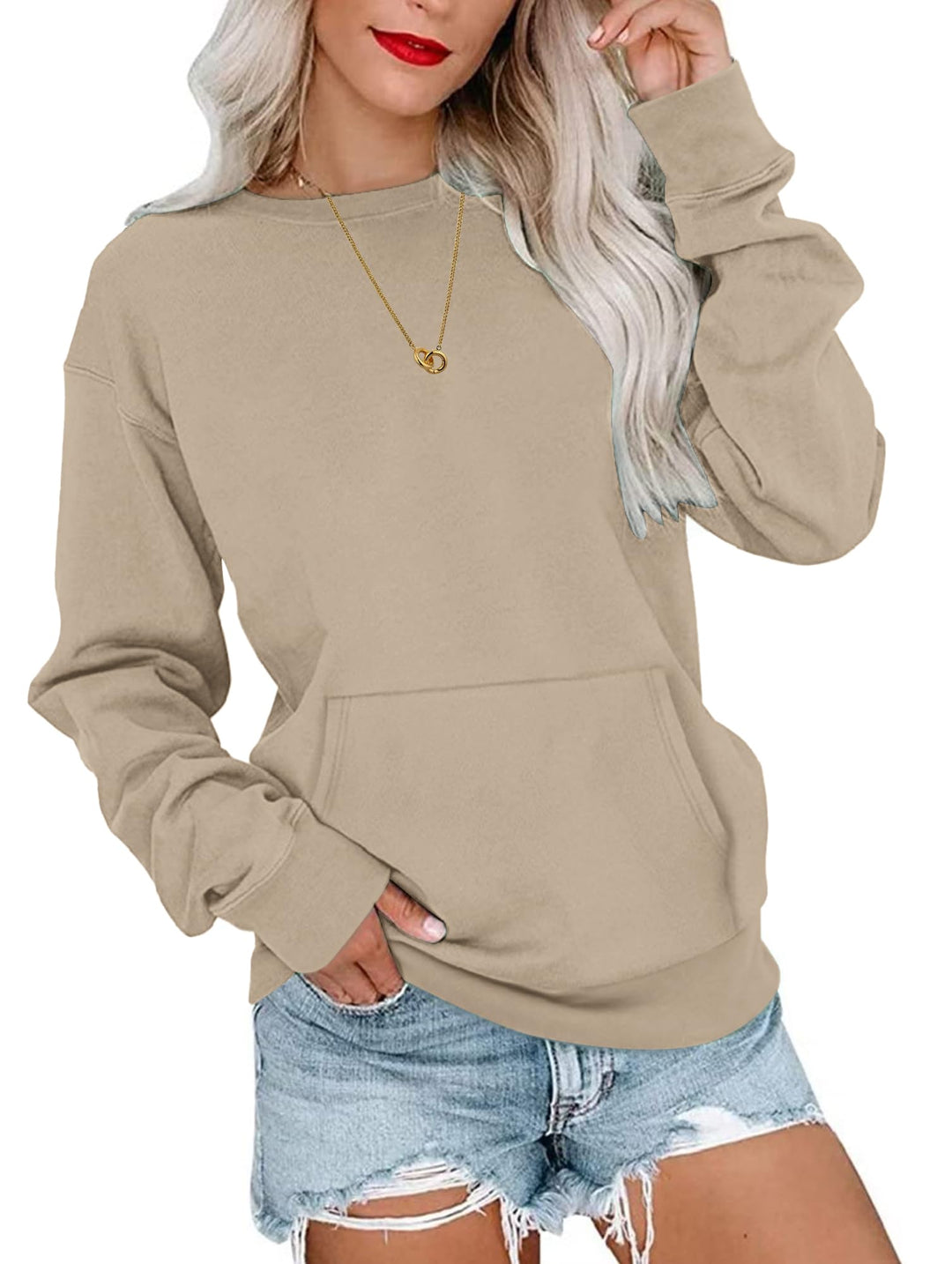 WNEEDU Damen Langarmshirts Lässige Sweatshirts mit Taschen Beige S, Beige S