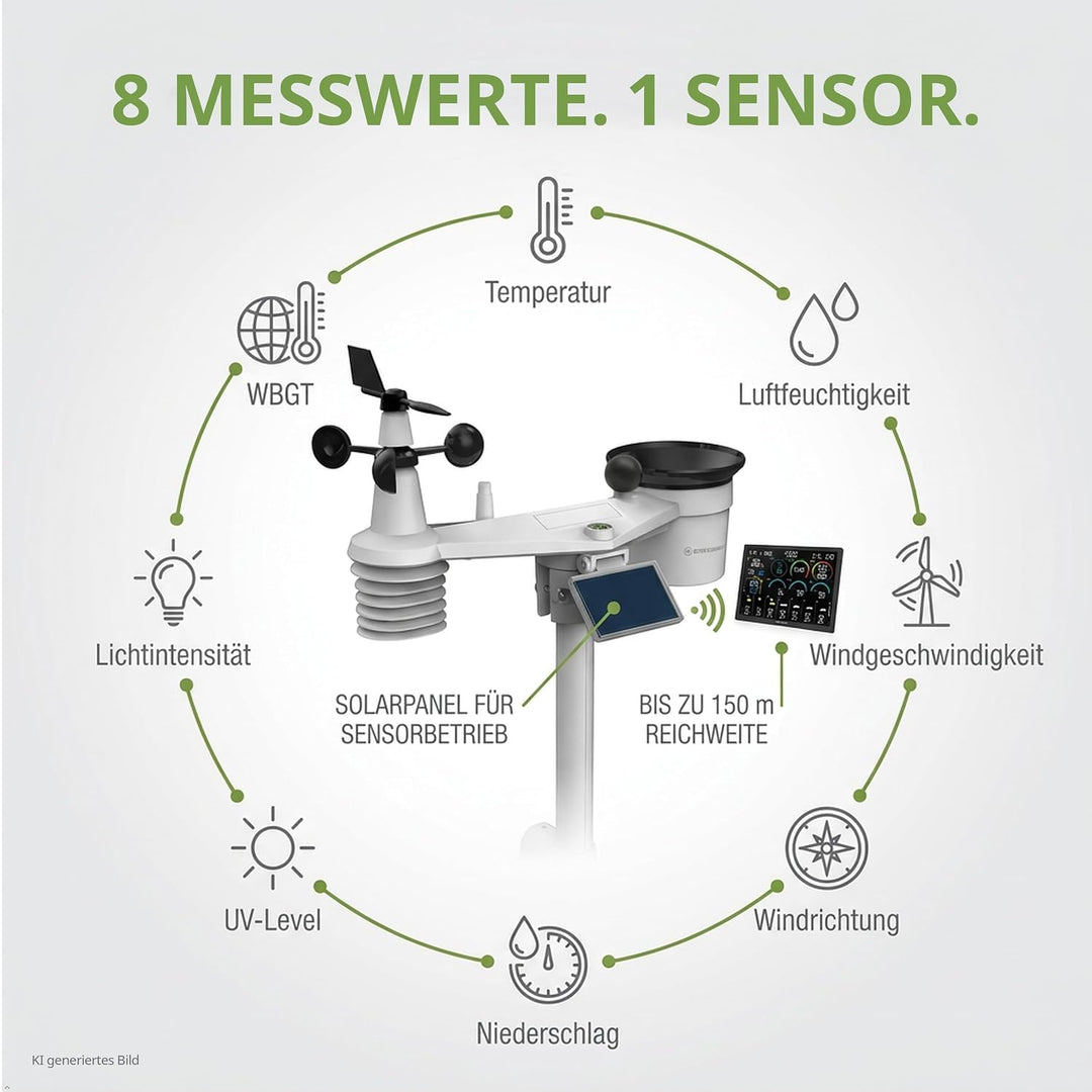 Bresser WLAN Wetterstation 18,5" mit 8-in-1 Sensor, 14-Tage Prognose, WBGT, UV-Solar, Regen- und Win