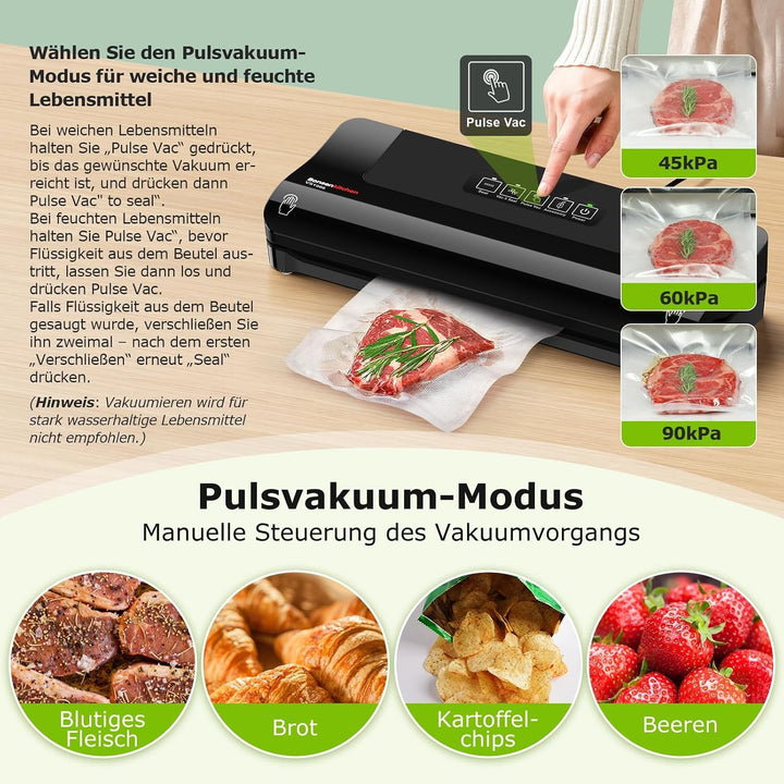 Vakuumiergerät, Multifunktions-Vakuumierer mit 50 Vakuumbeutel und 1 Vakuumrolle, Eingebautem Cutter