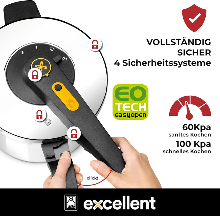 BRA Excellent | 6-Liter-Schnellkochtopf mit einfachem Öffnen, aus Edelstahl 18/10, mit 2 Kochprogram
