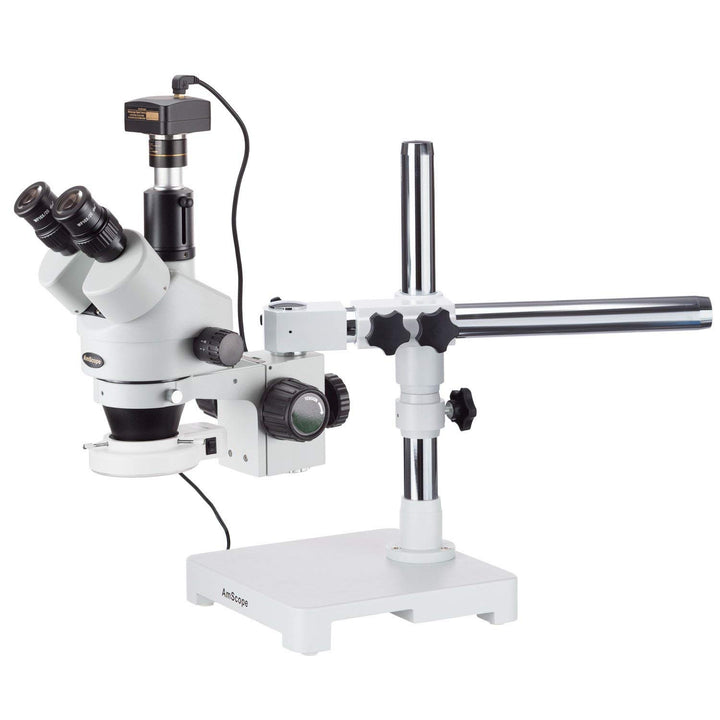 AmScope SM-3TZ-54S-M Trinokulares LED Boom Ständer Stereomikroskop mit 1.3MP Kamera, 3.5X-90X, Weiss