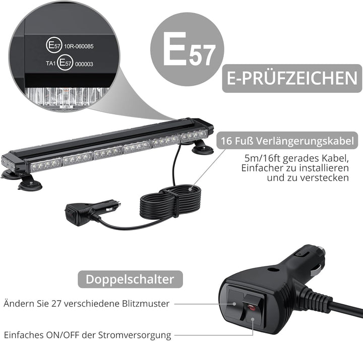 Justech 54LEDs Warnleuchte Rundumleuchte 27 Modi Blitzleuchte Schraube Starker Magnet Amber + Weiss