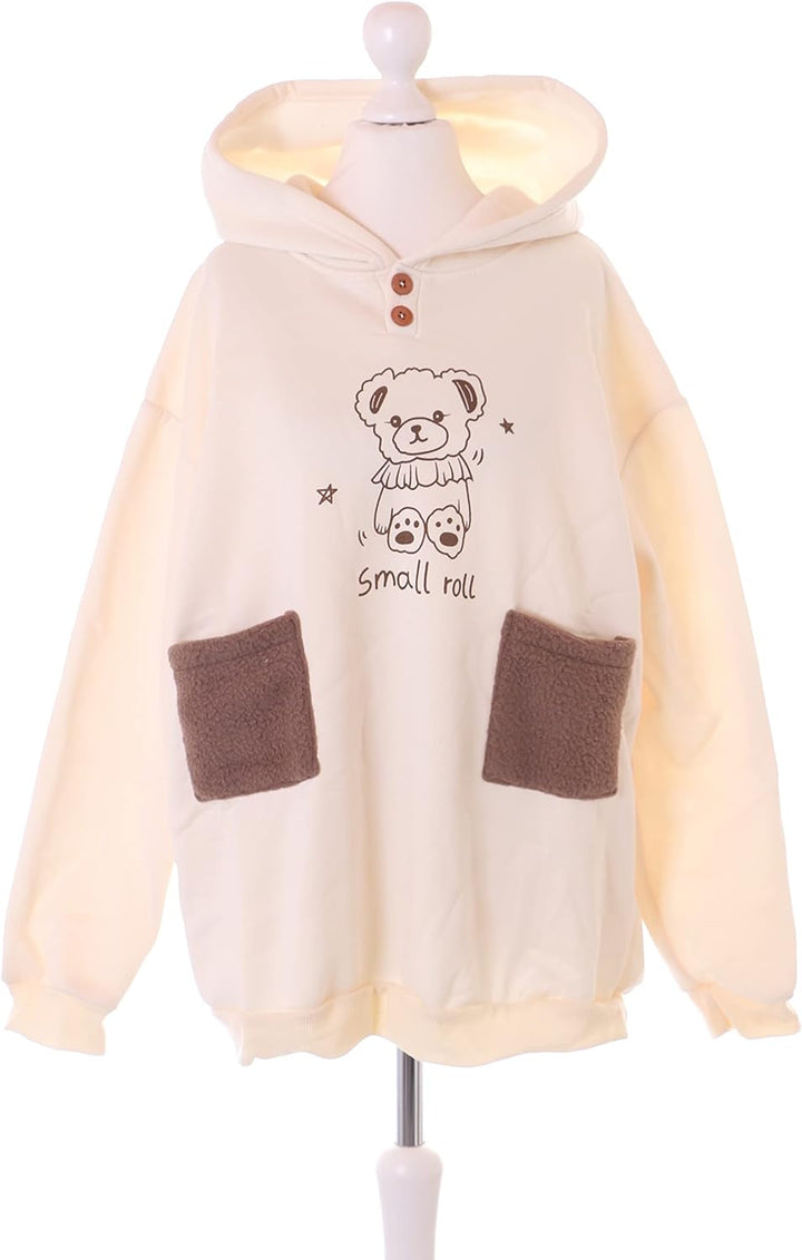 Kawaii-Story TS-319 Beige Teddy Bär Grafik mit Taschen Oversized Hoodie Sweatshirt Pullover Pastel G