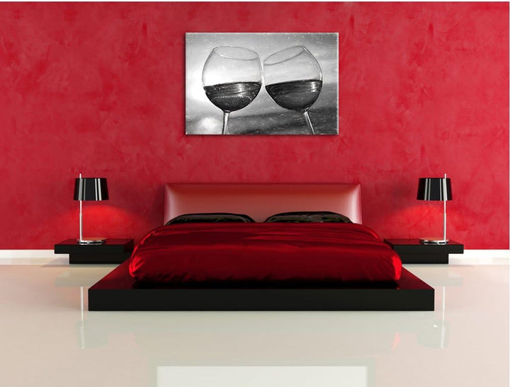 Pixxprint Weingläser im Sonnenuntergang am Meer Kohle Effekt, Format: 100x70 auf Leinwand, 100x70