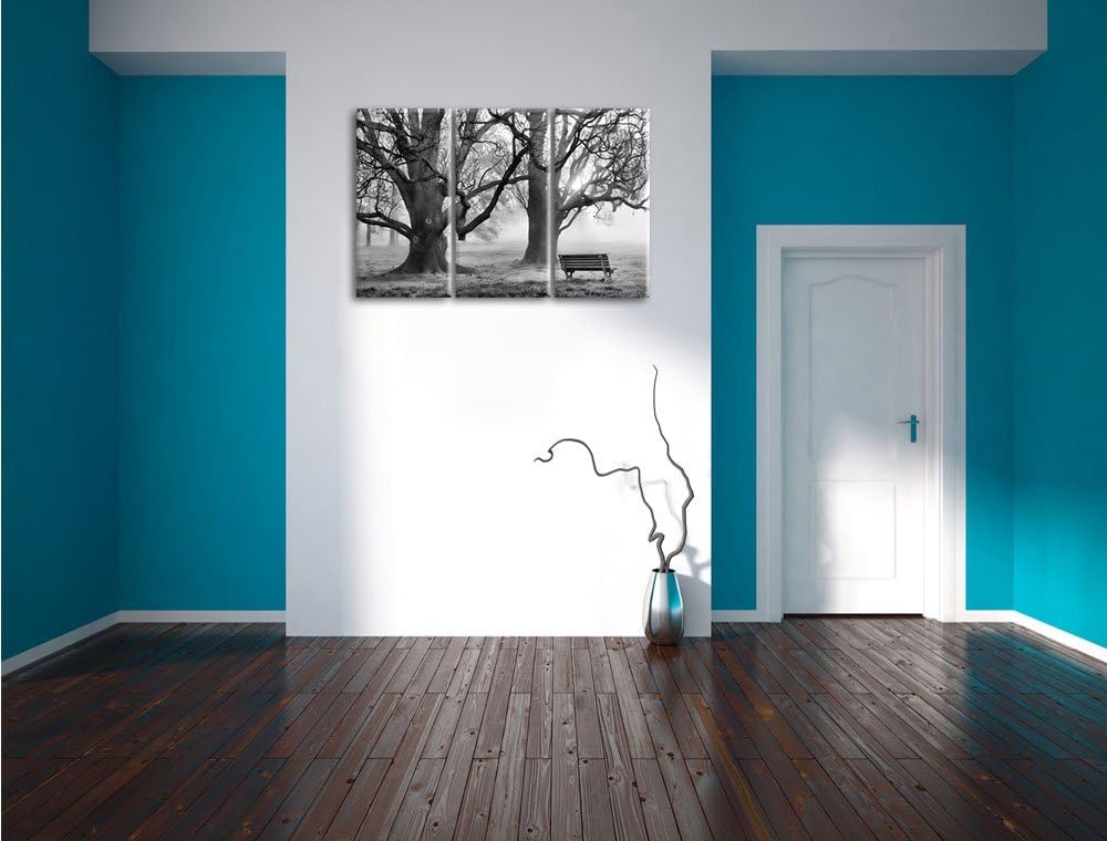 Pixxprint Monocrome, Baum und Bank im Nebel 3-Teiler Leinwandbild 120x80 Bild auf Leinwand