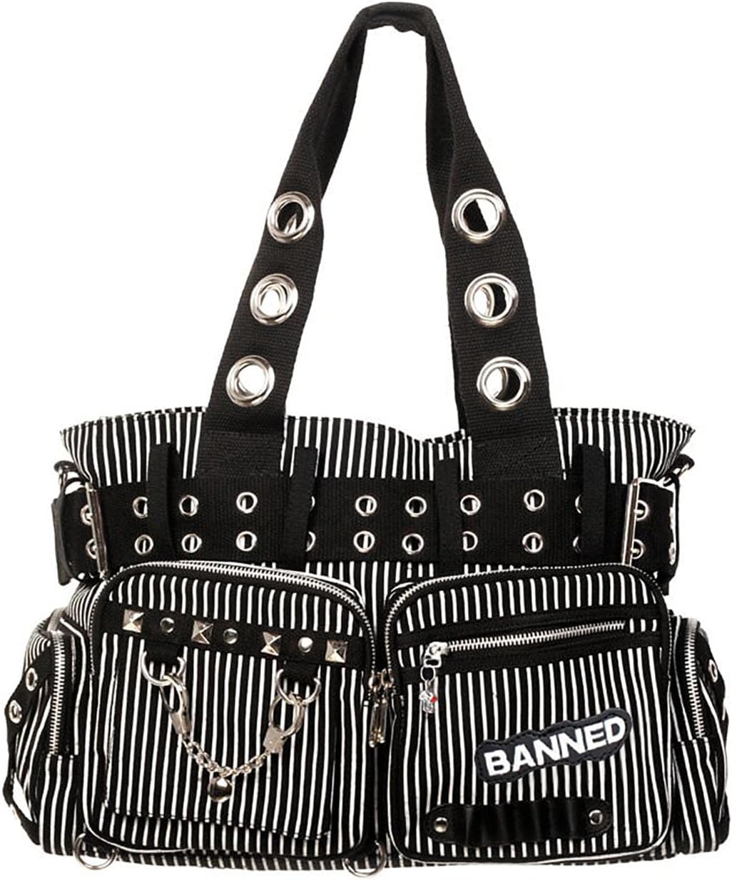 Banned Damen Handtasche mit Handschellen-Details, Rockabilly-Look, Leinwand L Mehrfarbig, L Mehrfarb
