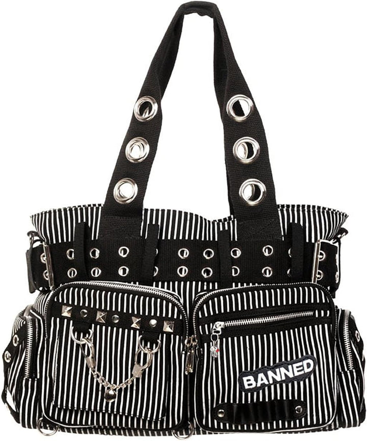 Banned Damen Handtasche mit Handschellen-Details, Rockabilly-Look, Leinwand L Mehrfarbig, L Mehrfarb