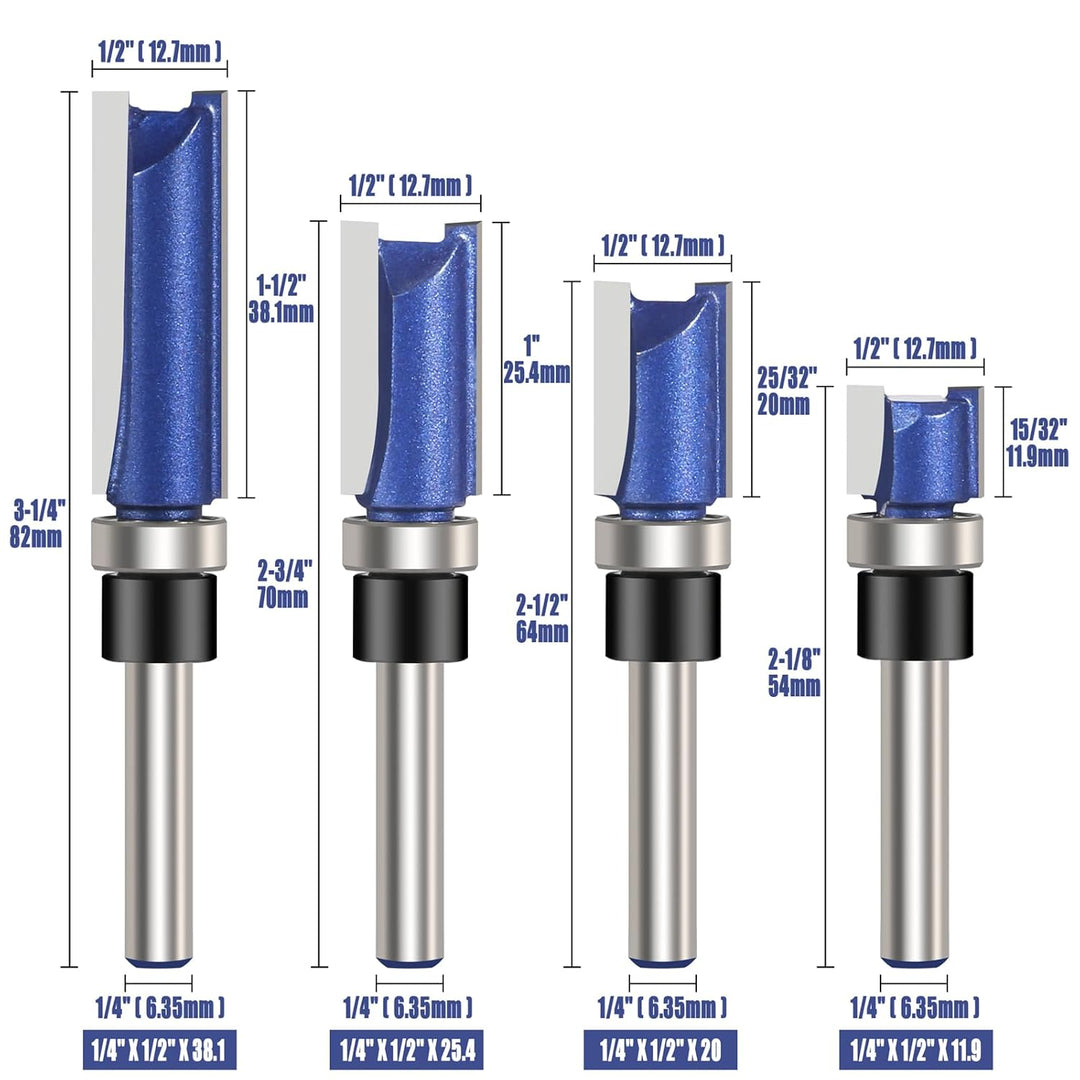 4 Stück Bündigfräse Flush Trim Router Bit 6,35mm Schaft Holzbearbeitung Fräser Oberfräse Zubehör, Fr
