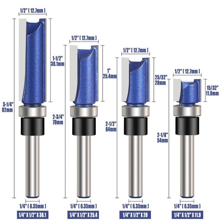 4 Stück Bündigfräse Flush Trim Router Bit 6,35mm Schaft Holzbearbeitung Fräser Oberfräse Zubehör, Fr