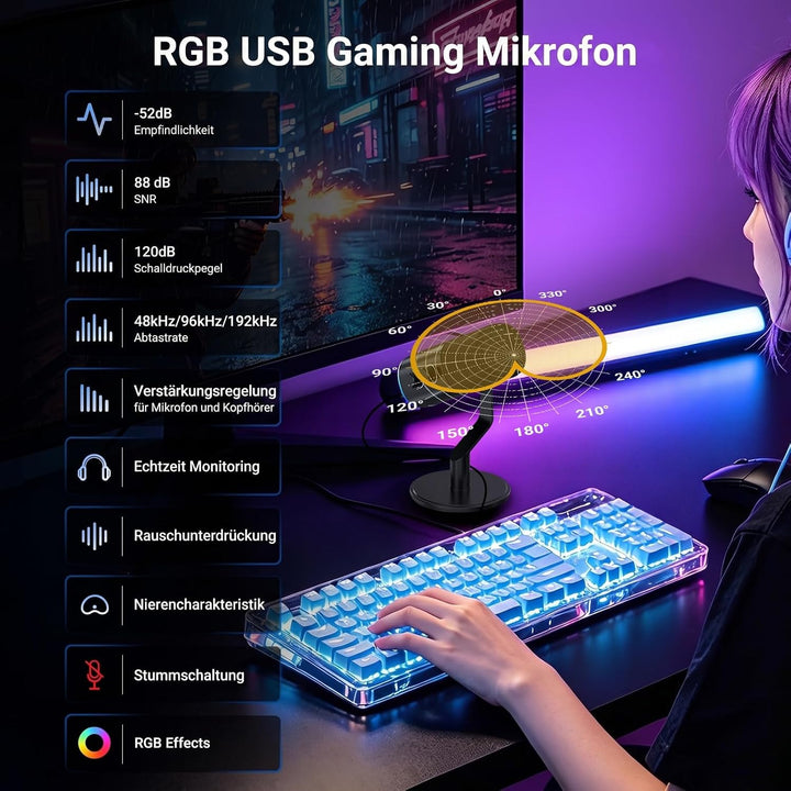 NEEWER DM03 USB/XLR RGB Dynamik Mikrofon mit Stummschaltung AI Rauschunterdrückung, Mic Verstärkungs