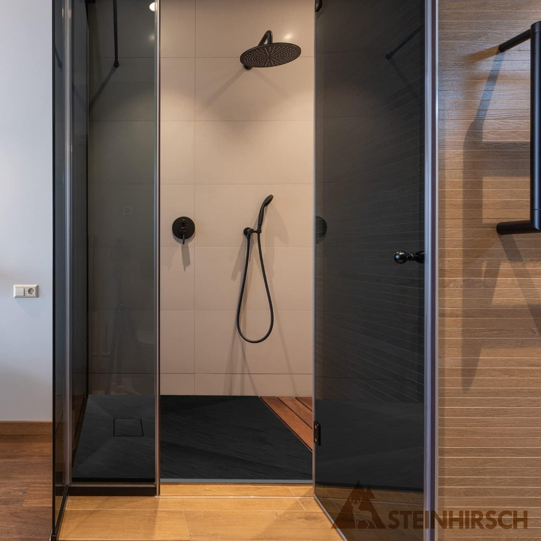 Duschwanne 90x90 cm SMC Brausewanne Schwarz Steinoptik Antirutsch Duschtasse Höhe 3,2 cm Niedrige Sc