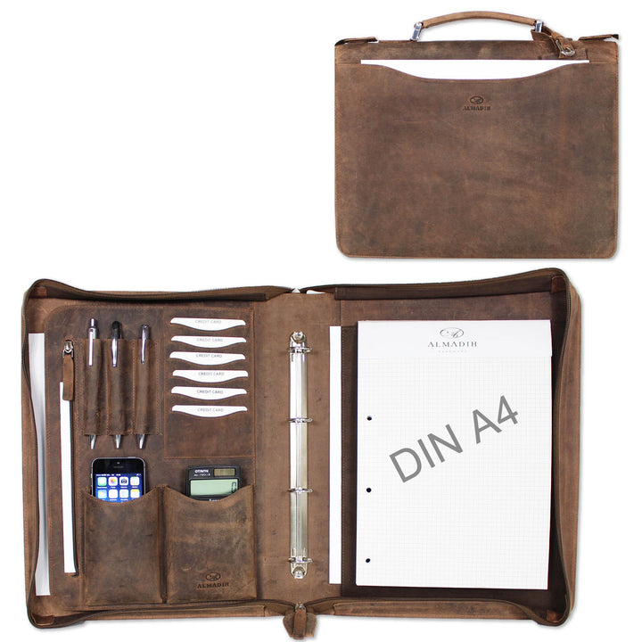 ALMADIH Leder A4 Aktenmappe mit Reissverschluss, Tragegriff und Ringmechanik Premium Rindsleder BV L