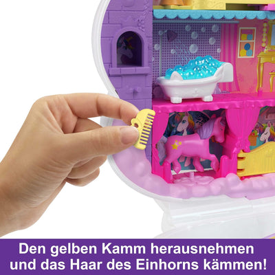Polly Pocket HMX18 -Mini-Spielzeug, Regenbogen-Einhorn-Salon-Styling-Kopf und Schatullen-Spielset mi