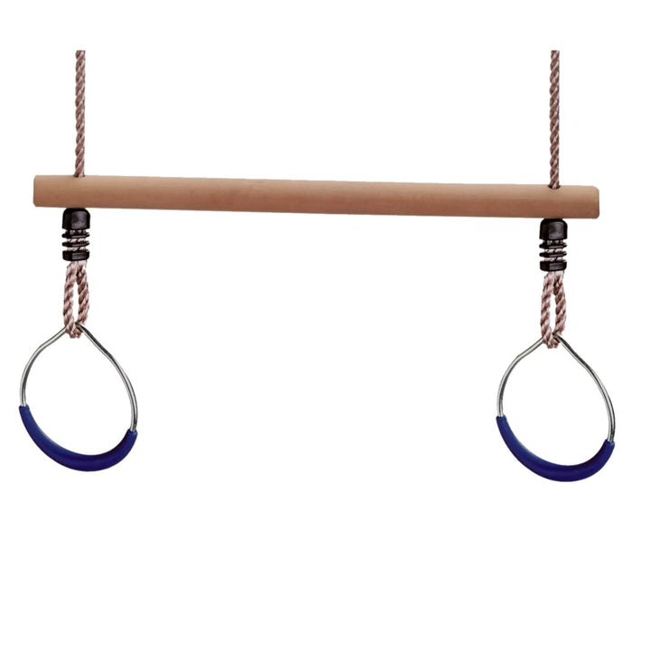 Loggyland Holztrapez mit Turnringen/Ringen I Trapezschaukel mit Metallringen BLAU