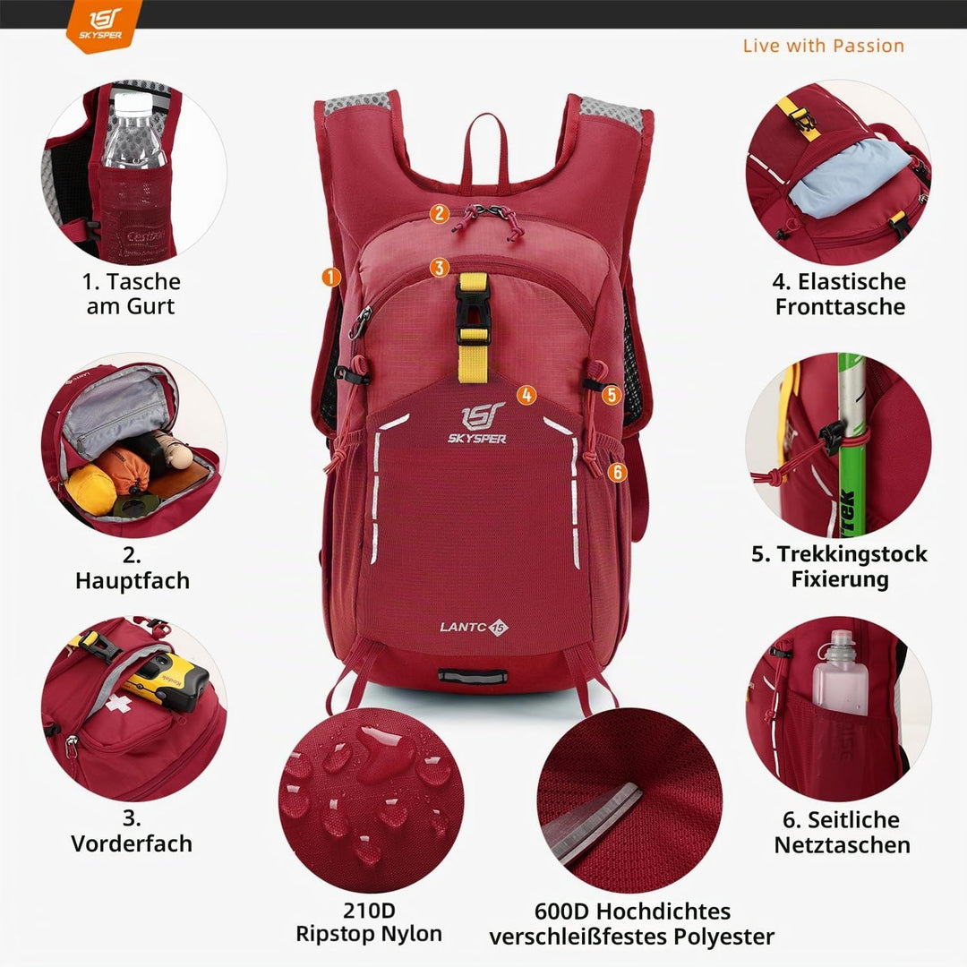 SKYSPER Wanderrucksack 15L Rucksack Herren Klein Tagesrucksack Leichter Trekkingrucksack für Wandern